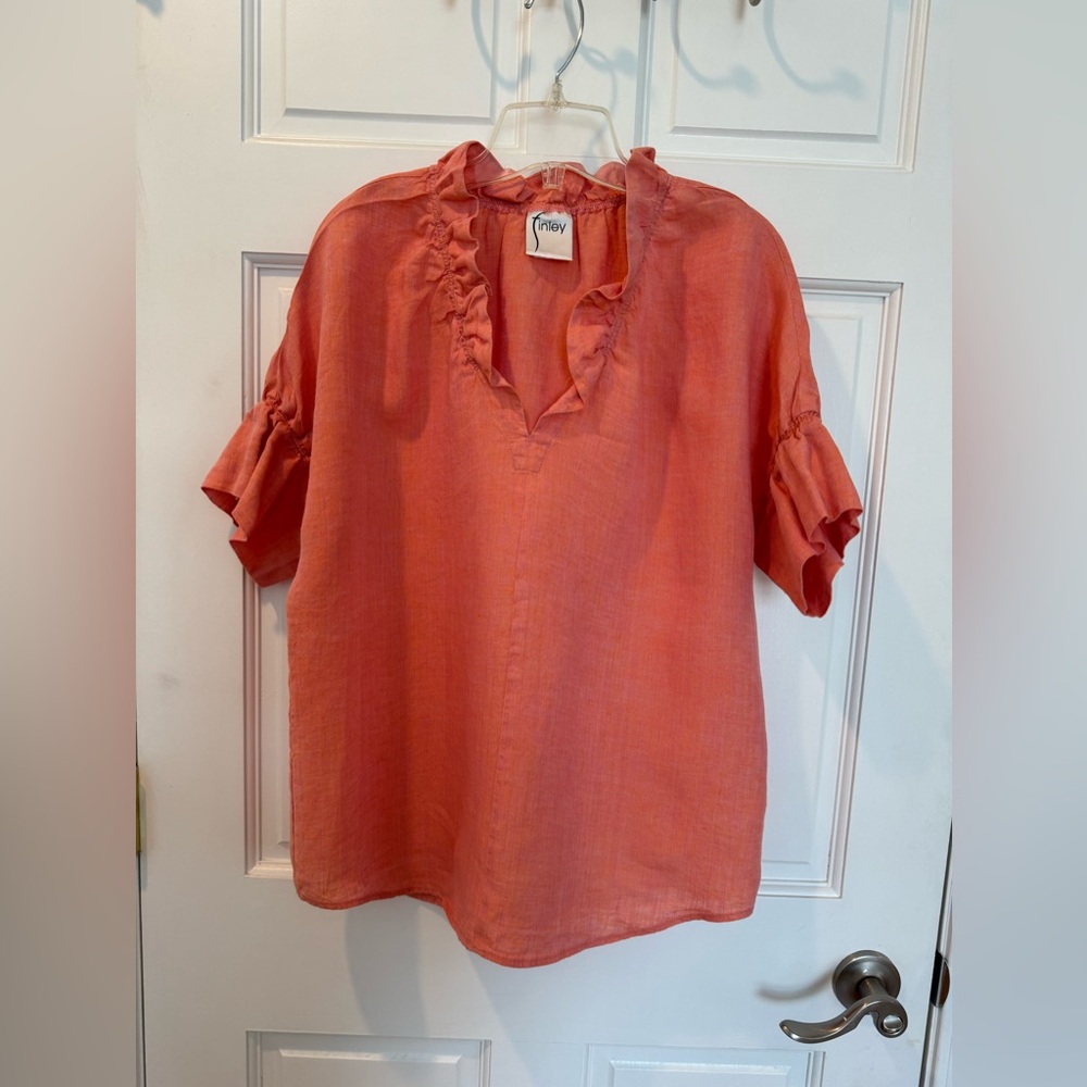 FINLEY CORAL 100% LINEN RUFFLE DETAIL V-NECK PULLOVER TOP WITH HIGH/LOW HEMLINE